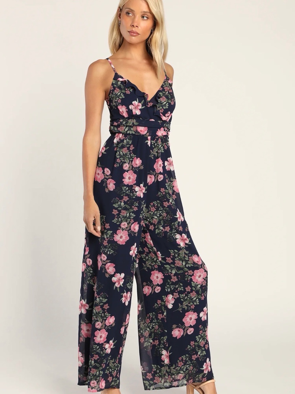 Lulus Flowering Expression Navy Blue Floral Wide-Leg Jumpsuit